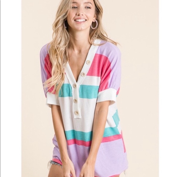 New! Clearance 🔥 Soft Knit Button Vneck Waffle knit Multi Stripe retro Top - Picture 5 of 7